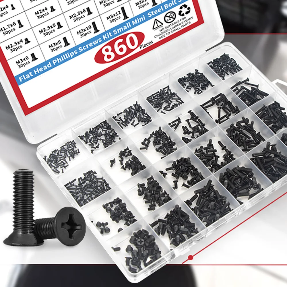 860PCS Small Computer Screws Assortment Kit M1.2 M1.4 M1.7 M2 M2.5 M3 PC Laptop SSD Hard Drive Screw Black Tiny Eyeglass Screws