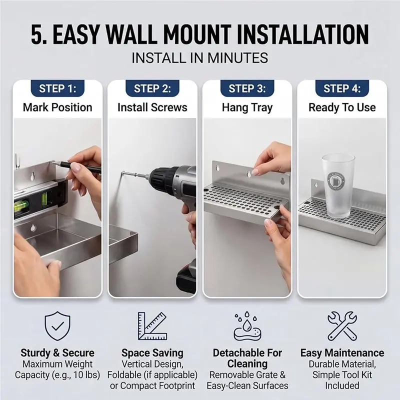ABHI-No Drain Drip Trays Beer Draft Tray Wall Mount For Kegerators Beer Taps And Draft Systems In Restaurants Kitchens Bars