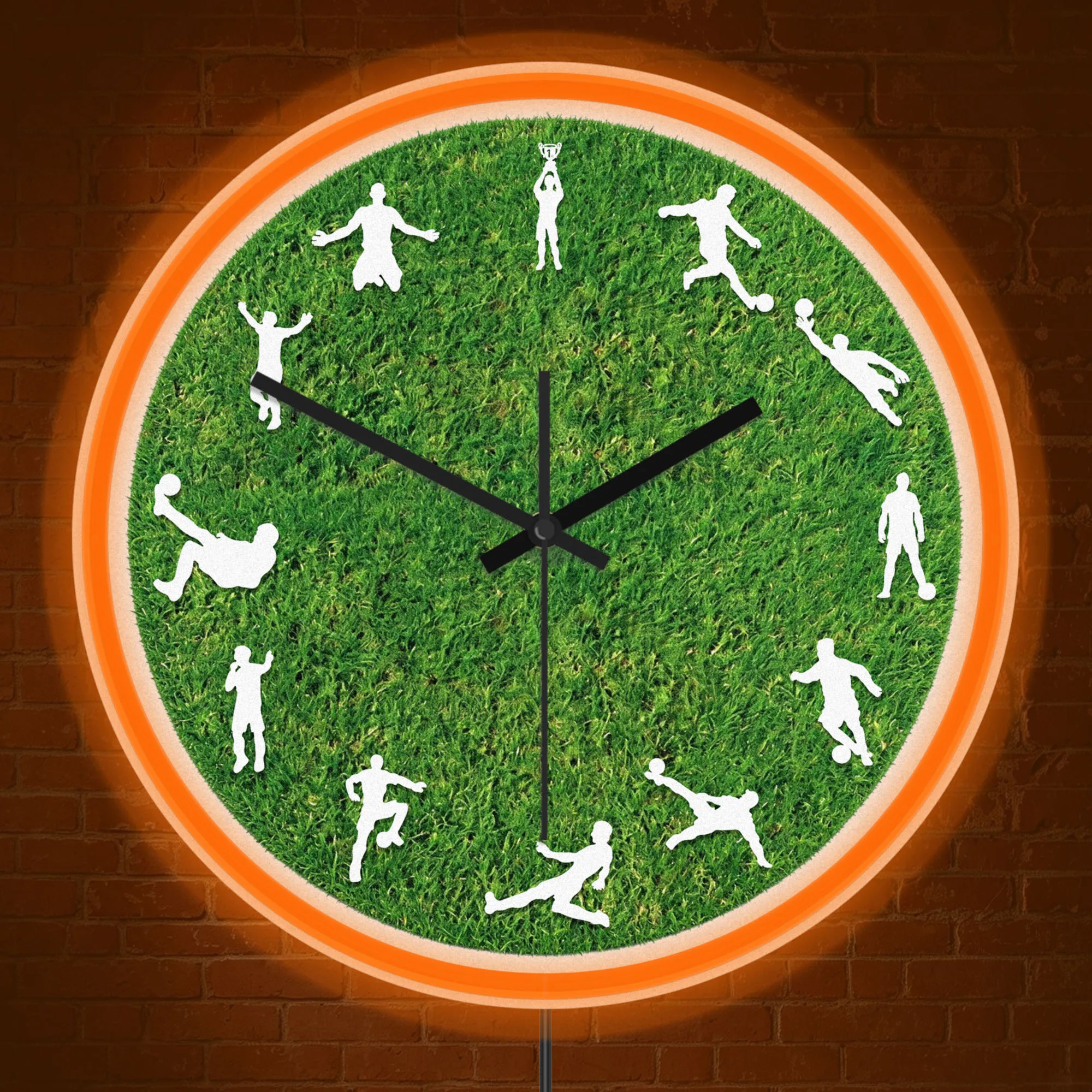 Green Turf Football Player Silhouette Neon Wall Clock for Boys Bedroom Sports Decor Soccer Design Night Light Clock Glow in Dark