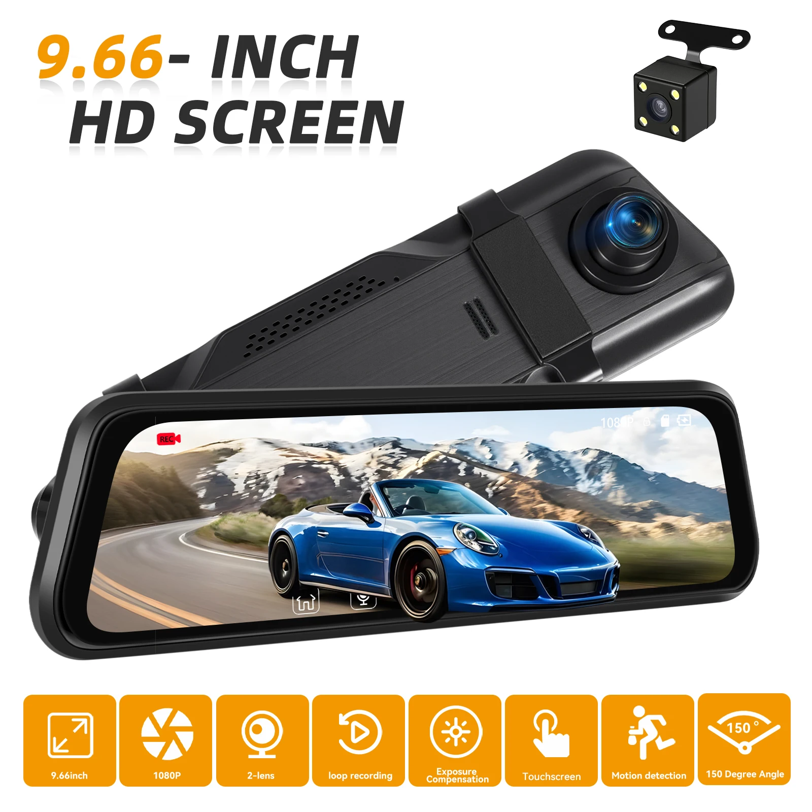 Podofo 9,66'' Dashcam 1080P Dual-Objektiv Auto-DVR Mehrsprachiger Auto-Videorekorder mit 480P Rückfahrkamera 150° ° Breiter Betrachtungswinkel – Detail 1