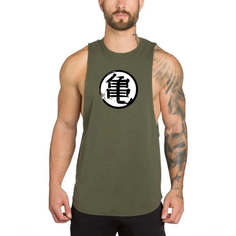 Men's Summer Cotton Gym Sleeveless Running Vest Round Neck Drop Armhole Curved Hem Bodybuilding Workout Tank Top Sport Shirt