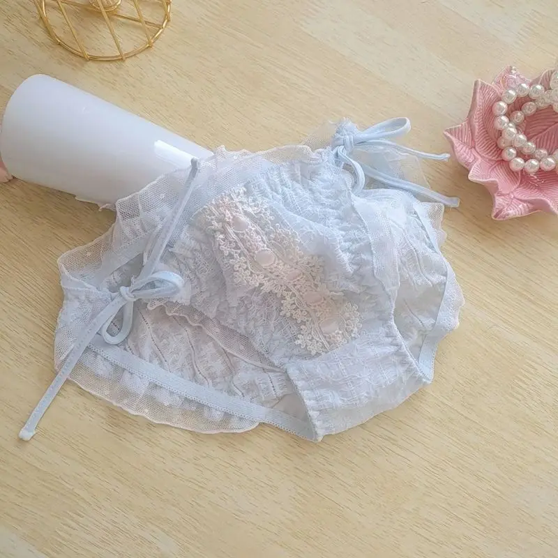 Women Sexy Lace Flower Cotton Underwear Ruffle Princess Style Cute Lovely Sweety Female Panties Tie Strap Breathable Breifs