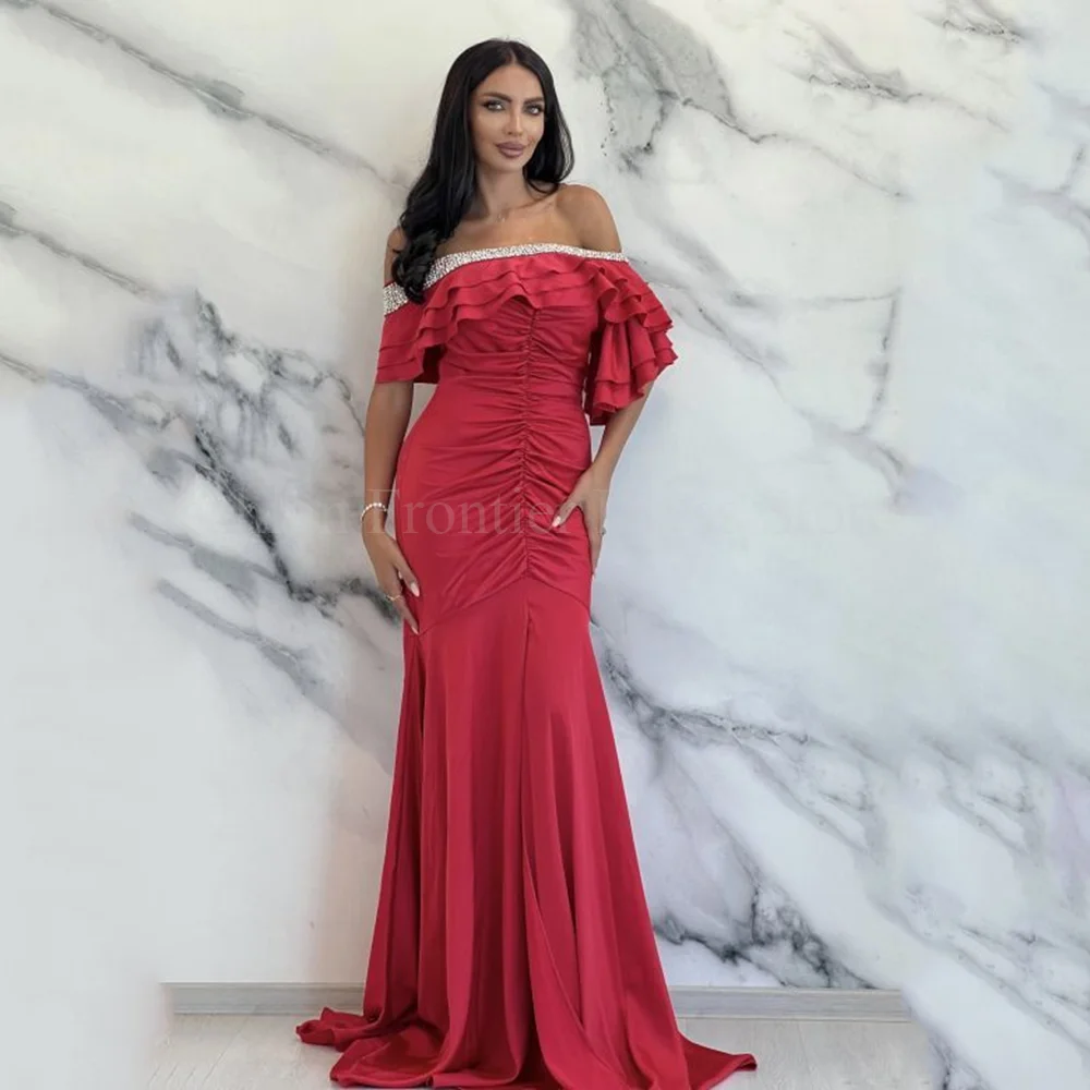 Vestidos de fiesta con hombros descubiertos, plisado fruncido, cola de corte de sirena, sin tirantes, rebordear, vestidos de noche formales para banquete, hechos a medida