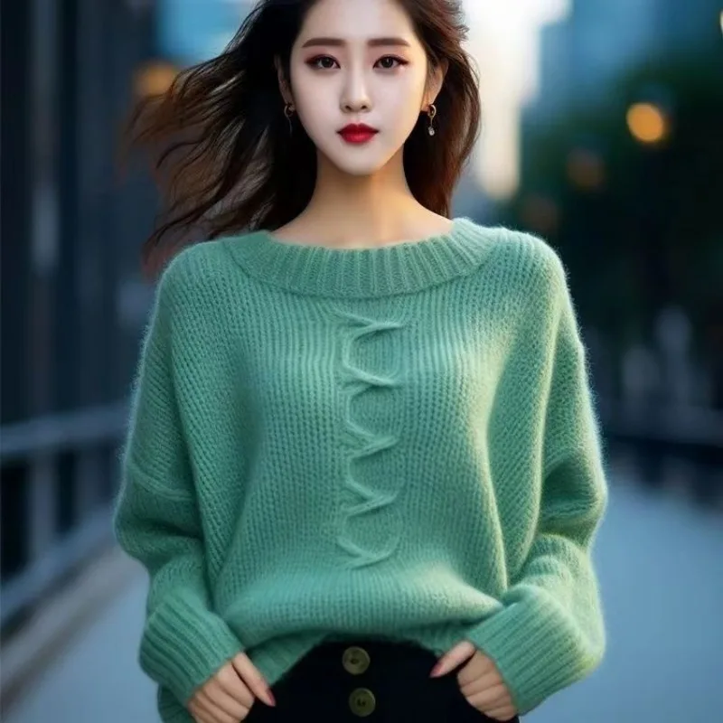 

Autumn and Winter Word Collar Solid Color Pullover Threaded Long-sleeved Sweater Fashionable Temperament Top