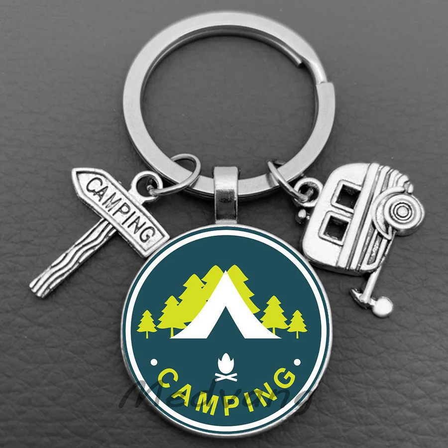 2024 Camping Adventure Logo Keychain RV Camping Site Glass Keychain Mountain Camping Enthusiasts Souvenir Bonfire Evening Gift