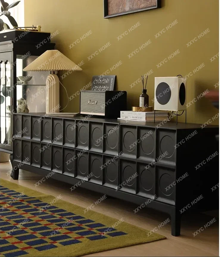 HJ  Retro matte TV cabinet solid wood medieval audio-visual cabinet living room floor film and television cabinet medieval simp