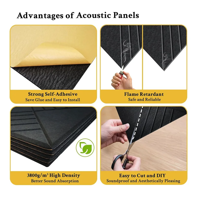 12 Pak Panel Akustik Berperekat 12X12X0,4 Inci, Panel Dinding Kedap Suara untuk Menyerap Kebisingan Hitam Mudah Digunakan