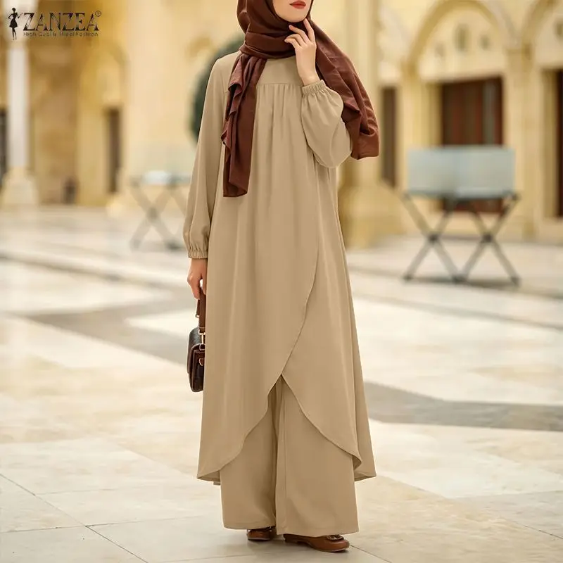 ZANZEA Women Muslim 2 Piece Set Long Tops With Wide Leg Pants Asymmetrical Hem Kaftan Abaya Suit Ramadan Outfits Hijab Tracksuit