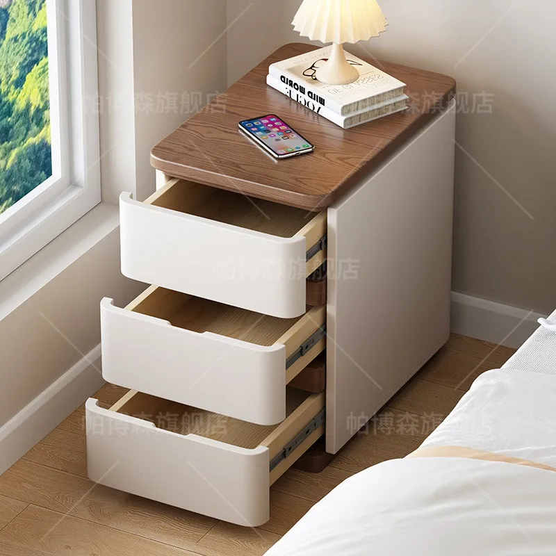 All solid wood three-pump leather storage bedside table ultra-narrow household bedroom small extremely narrow simple modern