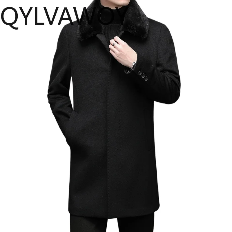 

QYLVAWOY, 90% шерсть, мужское зимнее шерстяное пальто среднего возраста, воротник из норки, утепленная верхняя одежда с подкладкой из кроличьего меха LJ2154