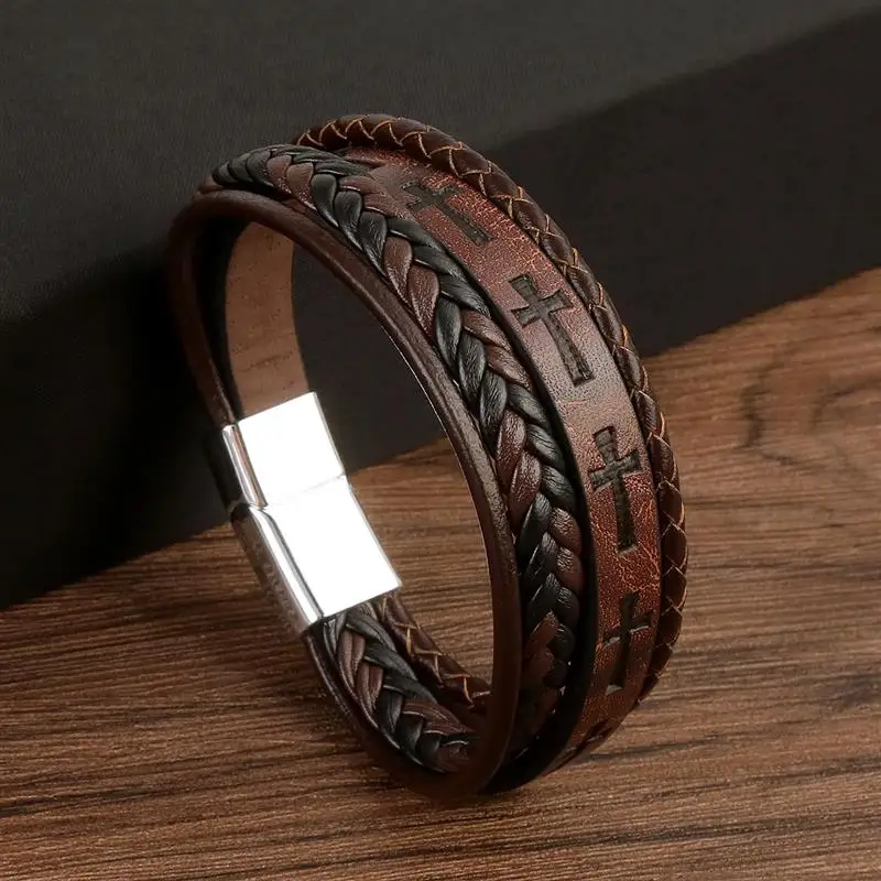 2023 New Men Cross logo Leather Bracelet Vintage Handwoven Hip-Hop Punk Bracelets Hand Jewelry Gifts Dropshipping