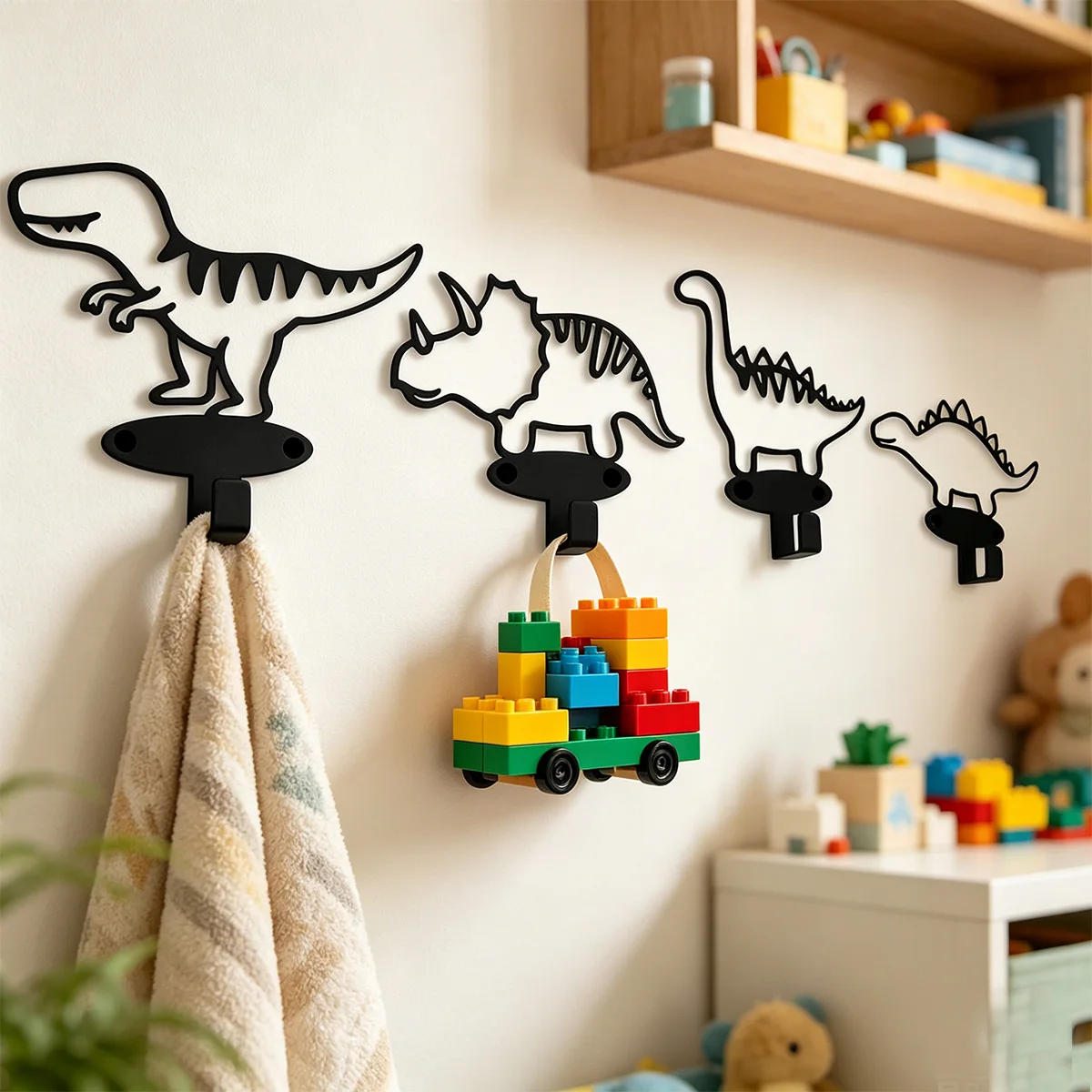 4-teilige Eisenkunst-Haken, Wandhaken mit Cartoon-Dinosaurier-Silhouette, schwarze Metall-Wandhaken, modernes minimalistisches Design, lustige Haken für Kleidung, Hüte, Gürtel, Spielzeug usw.,