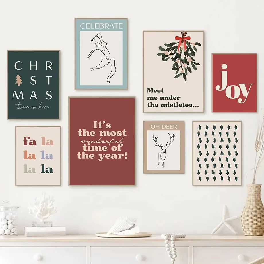 Celebrate Merry Christmas Tree Deer Holly Mistletoe Joy Wonderful Time Posters Prints Canvas Painting Wall Art Living Room Decor