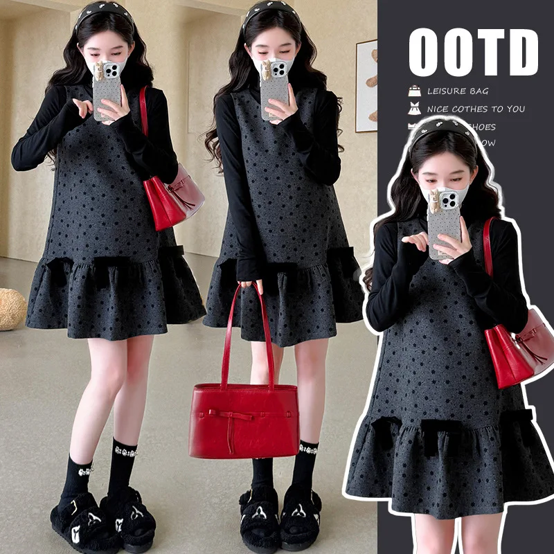 2025 vestido de embarazo pequeño de estilo francés, vestido de chaleco sin mangas de otoño, conjunto de dos piezas, traje de maternidad elegante favorecedor de longitud media