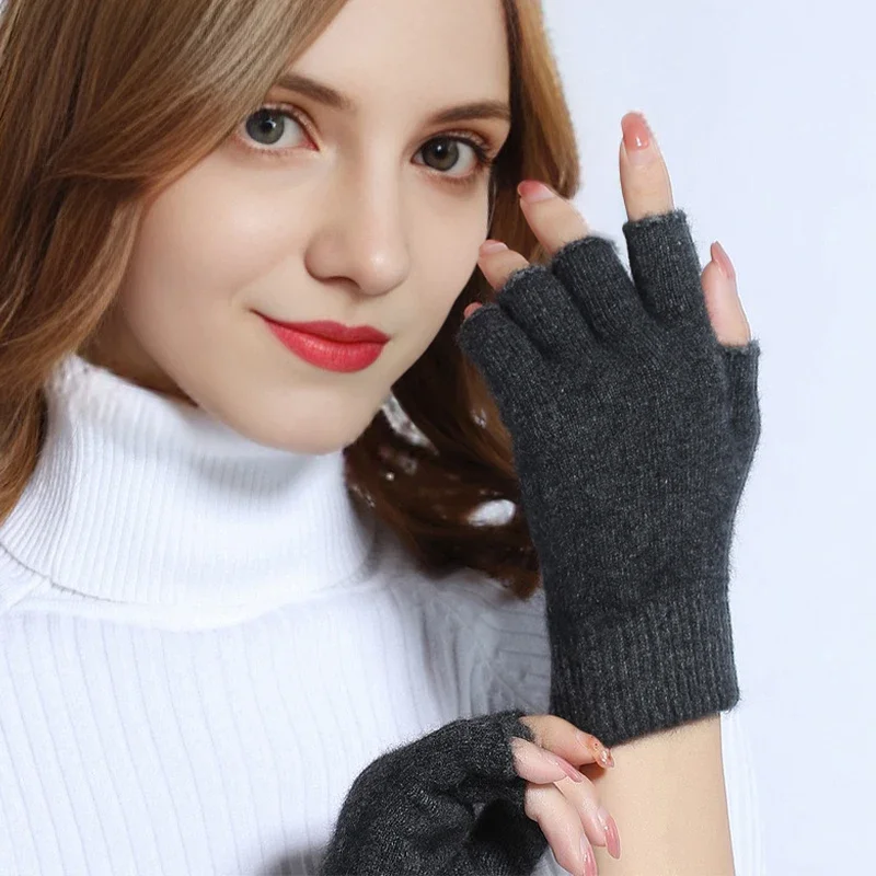 Guante de Cachemira de medio dedo para hombre y mujer, manopla de muñeca tejida de lana suave y cálida corta, guantes sin dedos elásticos de lana para invierno para niño y niña