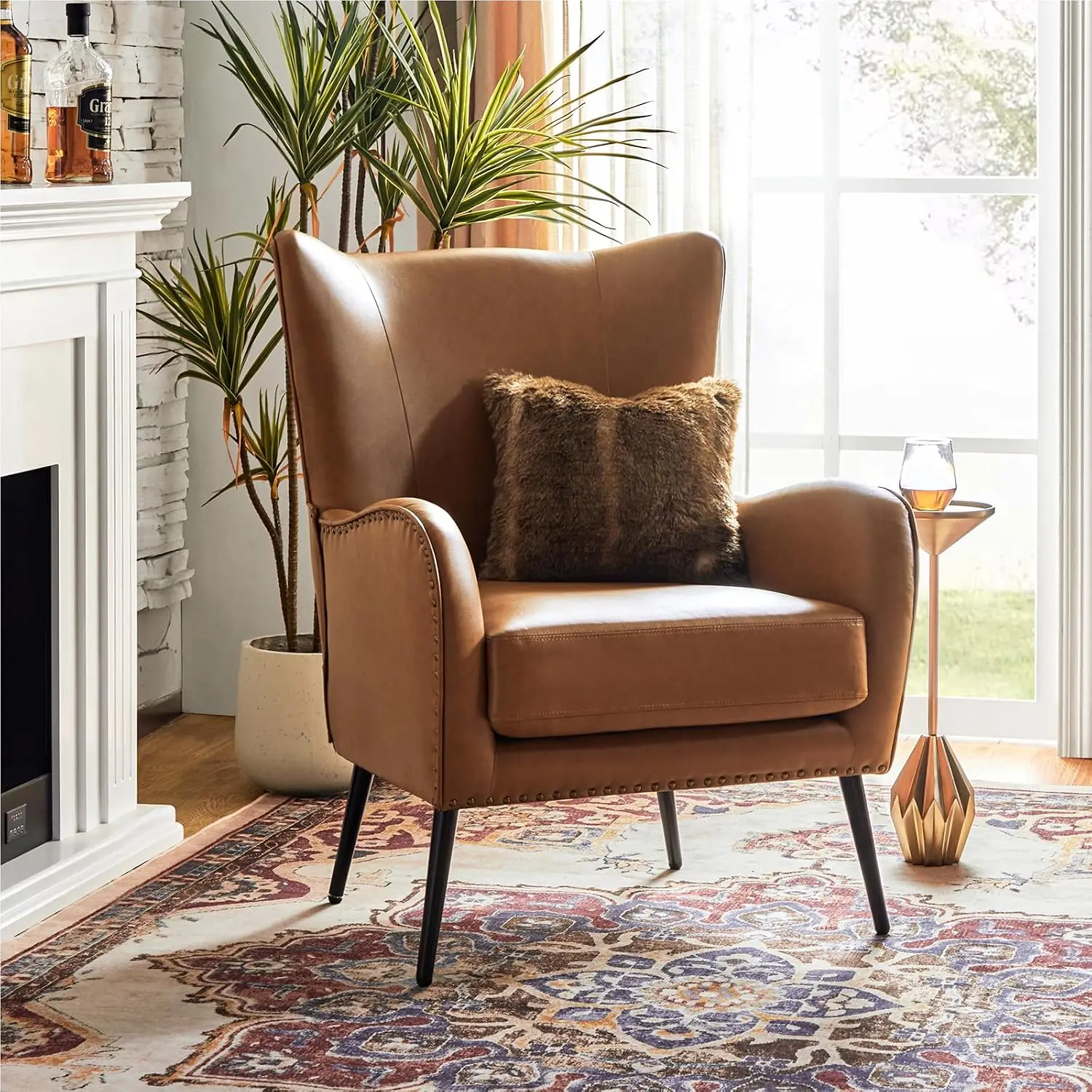 Faux Leather Accent Chair, Camel | Wingback design with removable cushion, nailhead trim, and metal legs for living, Customized