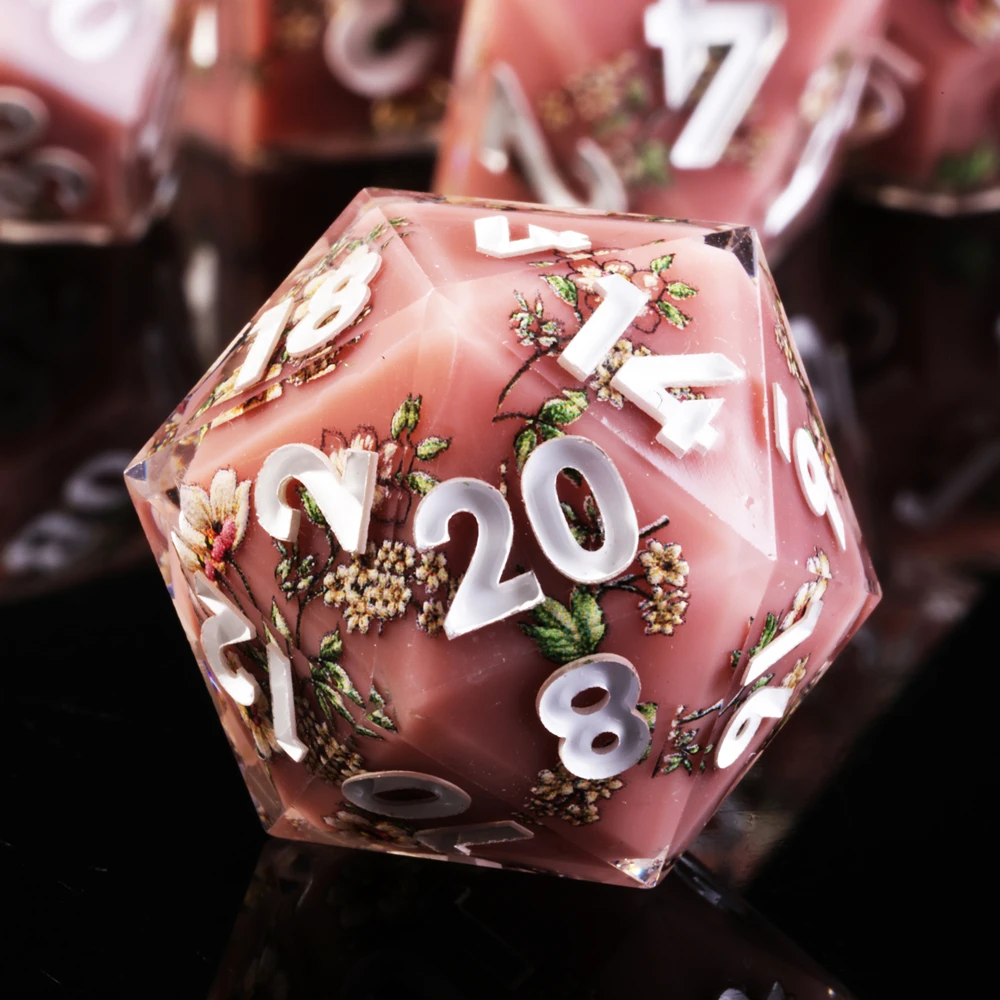 MINI PLANET 1pcs Flower Stickers D20 Dice DND 20 Sided Resin Dice with Sharp Edges For RPG Tabletop Game Collection D20 Custom