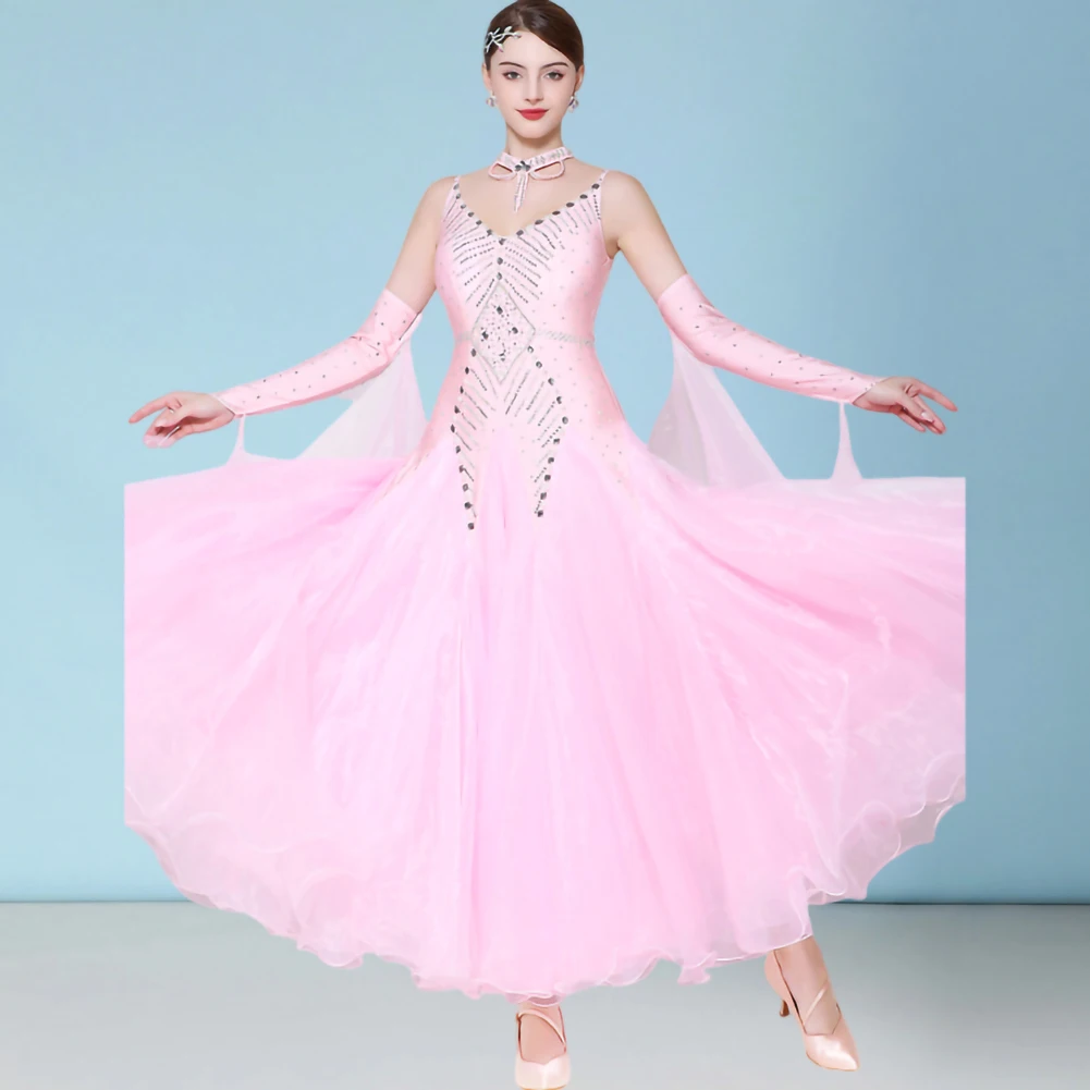 Spettacolo di cinturini da flamenco Abito da donna con perle per nuove feste a maniche lunghe da ballo da sala Abito da competizione con cinturino verde fagiolo Elegante abito rosa