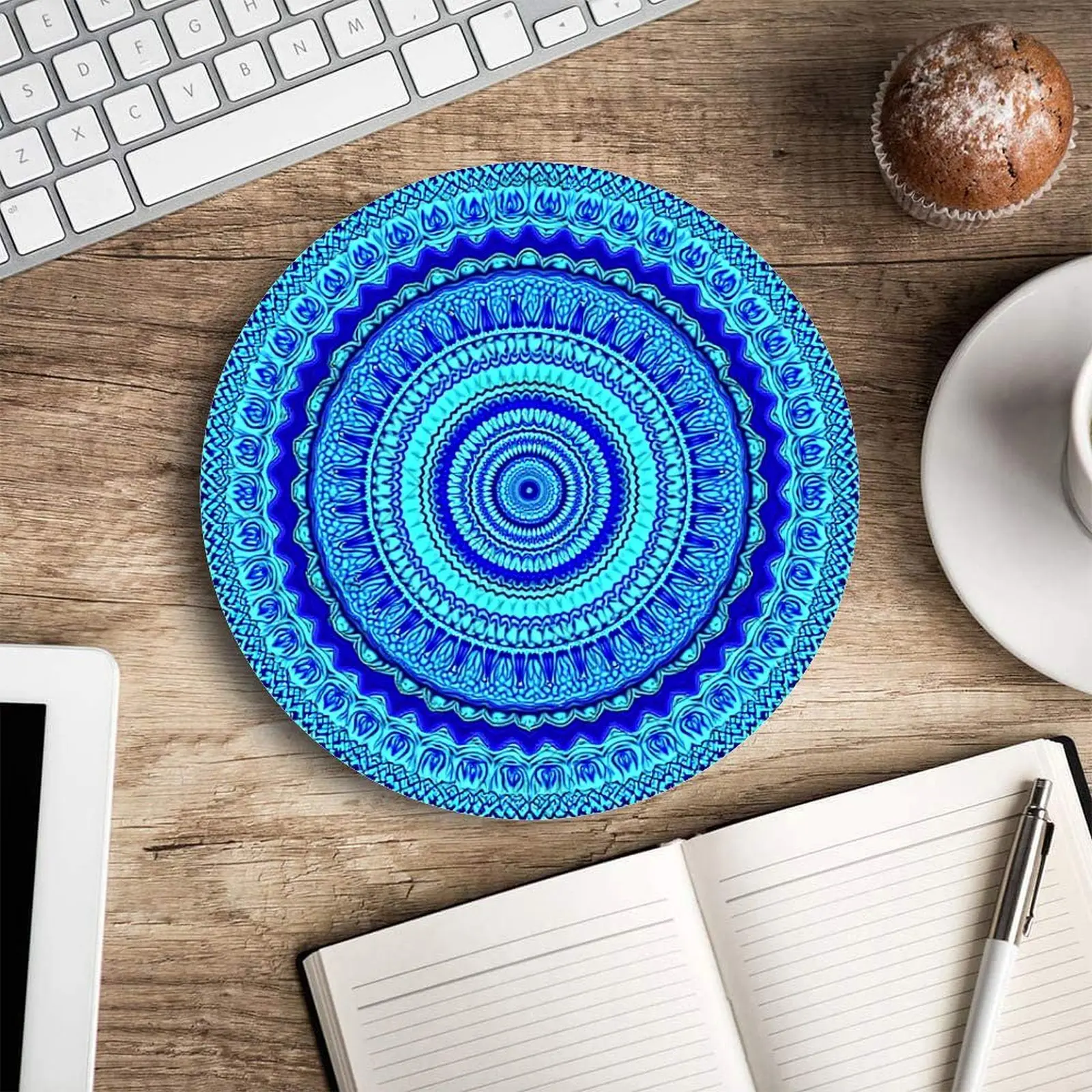 Blue mandala pattern Circular Mouse Pad Desk Mat pc accessories mouse pads non-Slip rubber base suitable for office and gaming