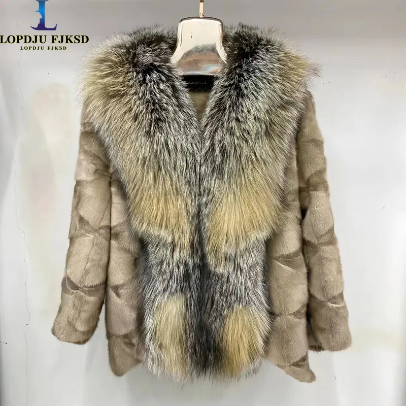 

Real Mink Fur Coat for Women, Thick Warm Jacket,Fox Fur Collar Overcoat, Female Clothing, High Quality, New, Winter