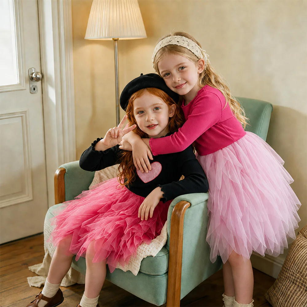 Rosa Strick-Tüllkleid für Kinder, Mädchen Weiches Baumwoll-Langarmkleid, Flauschiges Mesh-Tutu-Kleid, Mädchen Geburtstagsparty Süßes Elegantes Alltagskleid – Detail 5