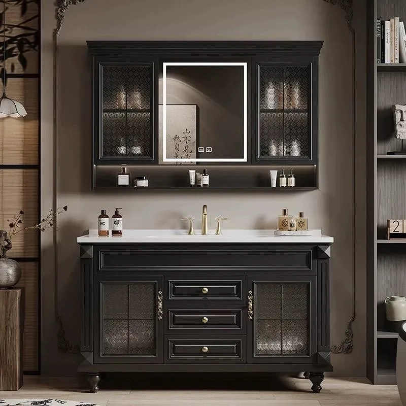 

French retro bathroom cabinet combination American bathroom washstand Floor-to-ceiling rock slab wash basin cabinet
