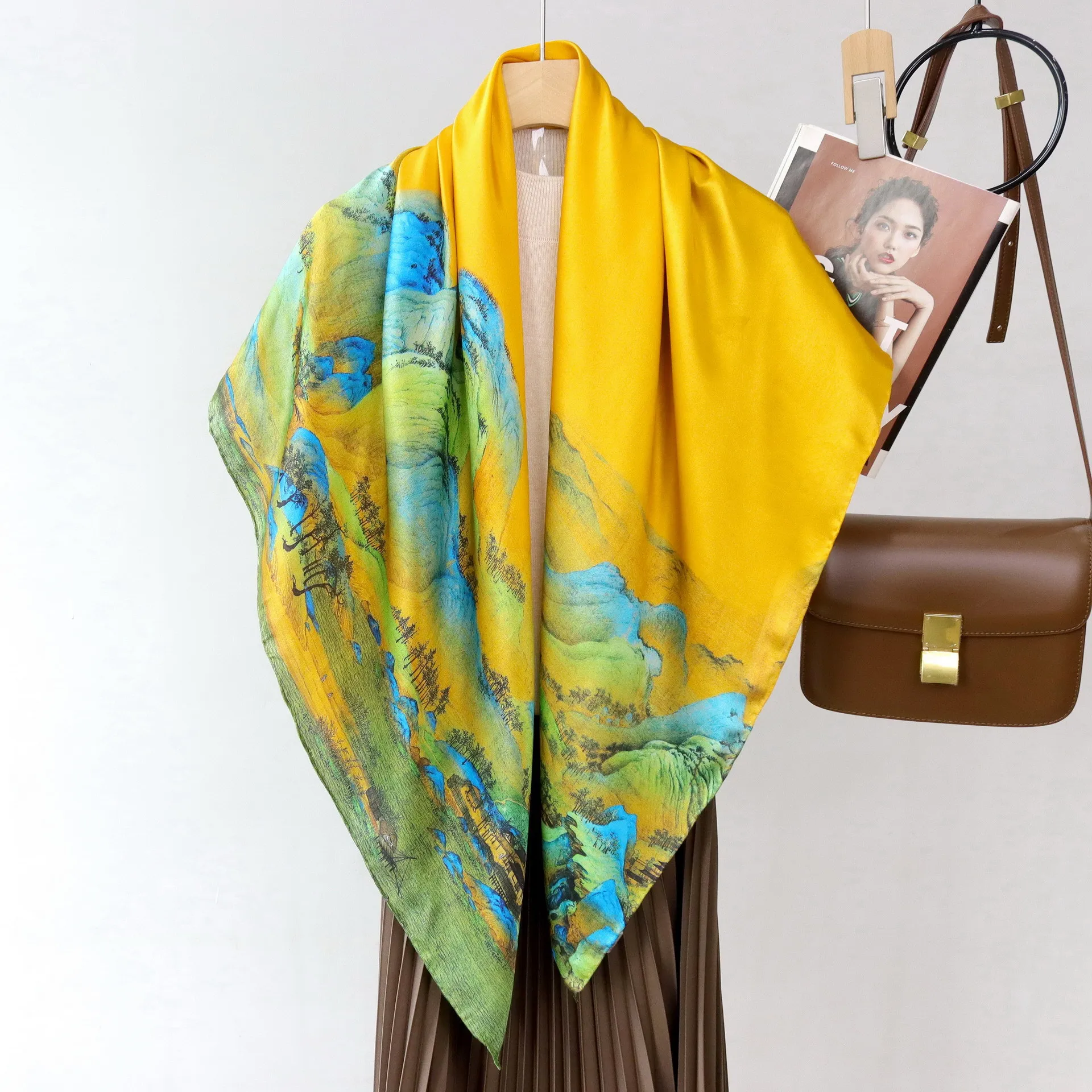 Designer 110cm Square Real Silk Scarf 100% Mulberry Silk Hand Rolled Edge Elegant Oil Painting Foulard Femme Evening Dress Wrap