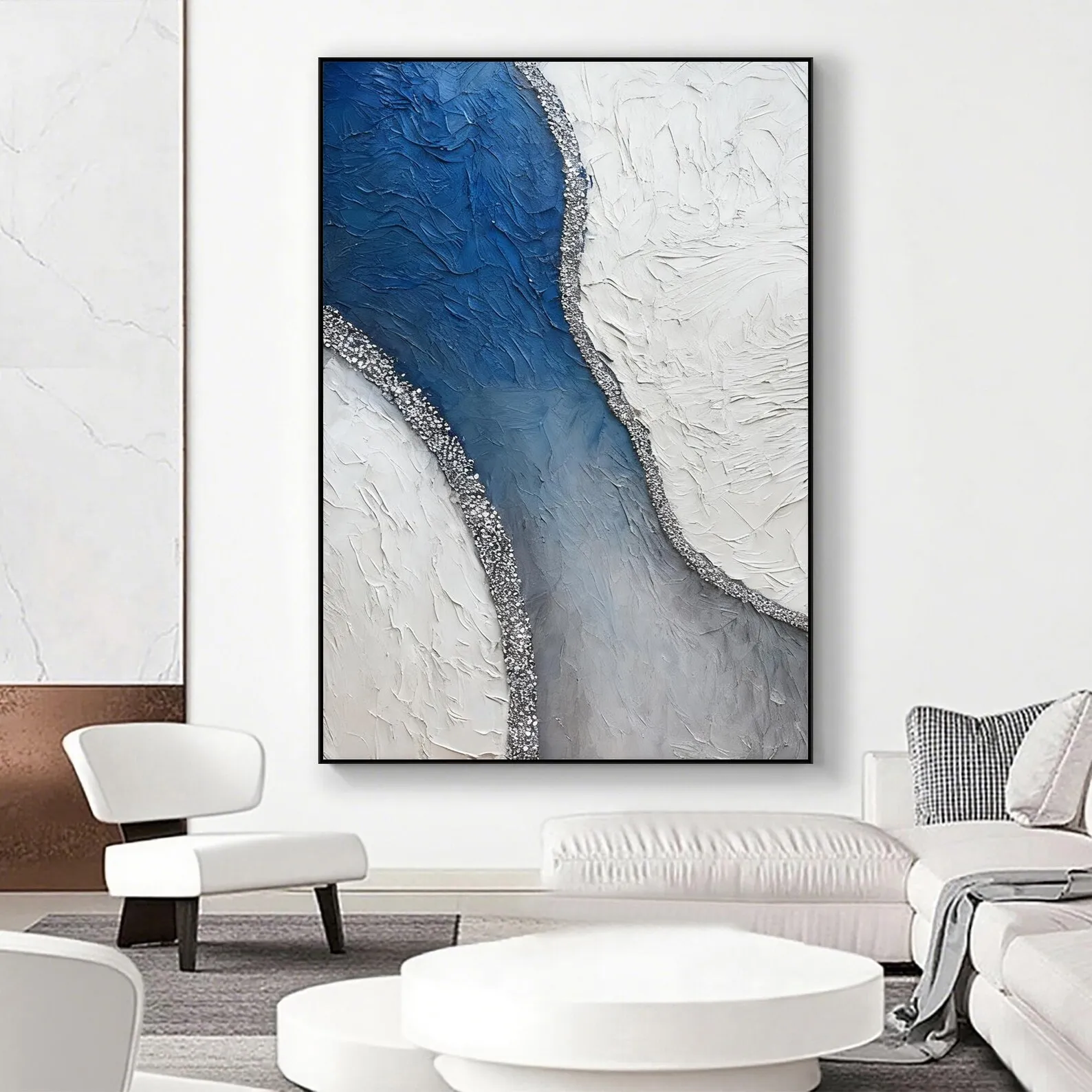 Mhemyo Original Large Abstract Hand Painted Blue Gray Textured Painting Minimalist Neutral Wall Art Decor Canvas for Living Room