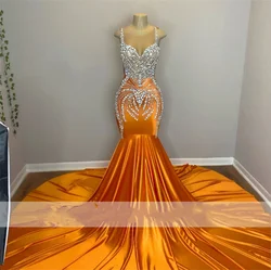 MULONG Bling  Diamond  Orange Mermaid Arabic Evening Dress with Beaded Luxury  Dubai Formal Dresses for Women Wedding Party Gown