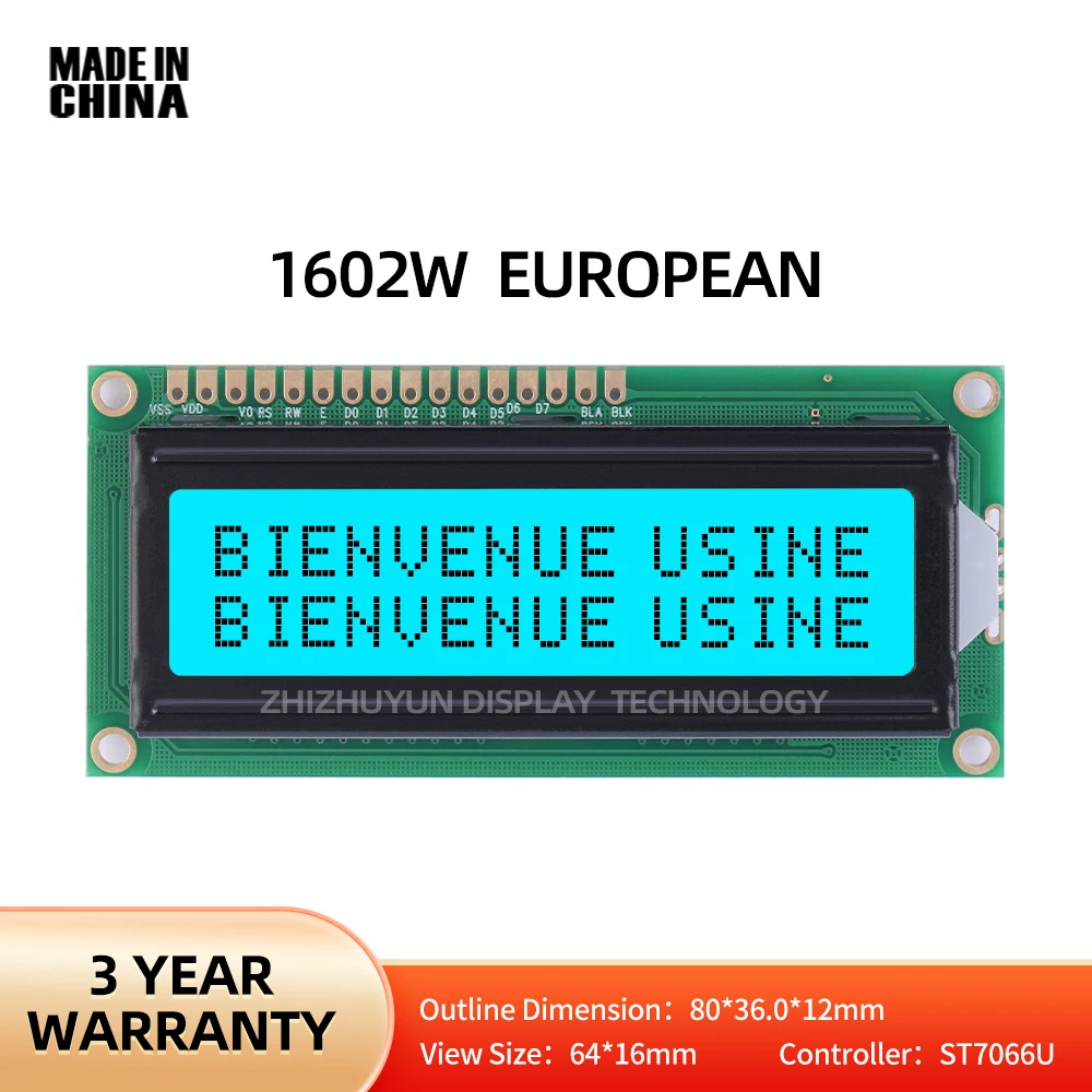 Full View Wide Temperature 1602W schermo LCD a caratteri europei Ice Blue ST7066U Controller con più librerie di parole