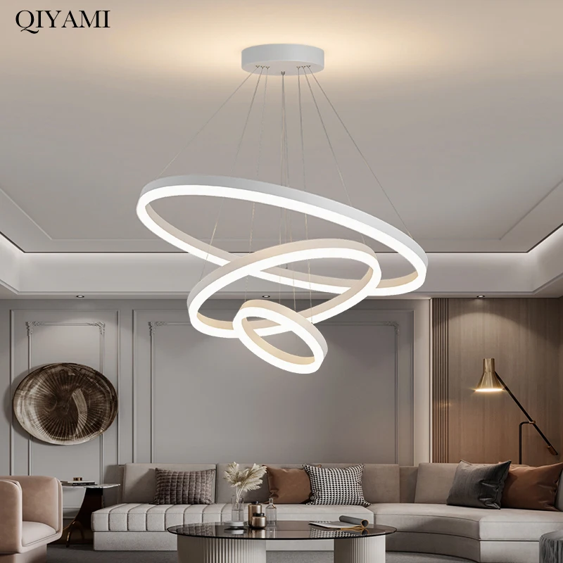 Modern LED Chandelier Lights For Living Dining Room Bedroom Black White Circular Rings LED Lamps Indoor Hanging Lighting Fixture