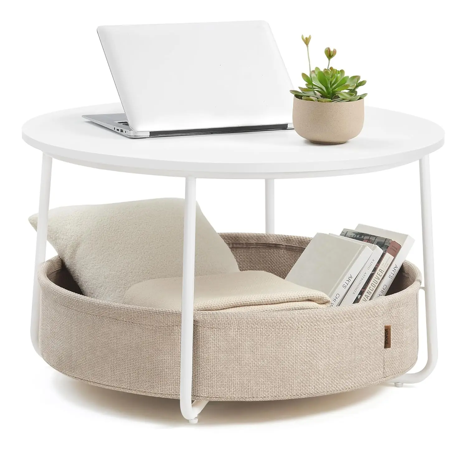 

Coffee Table with Storage, Round Center Table for Living Room with Fabric Basket, Modern Style, Customized