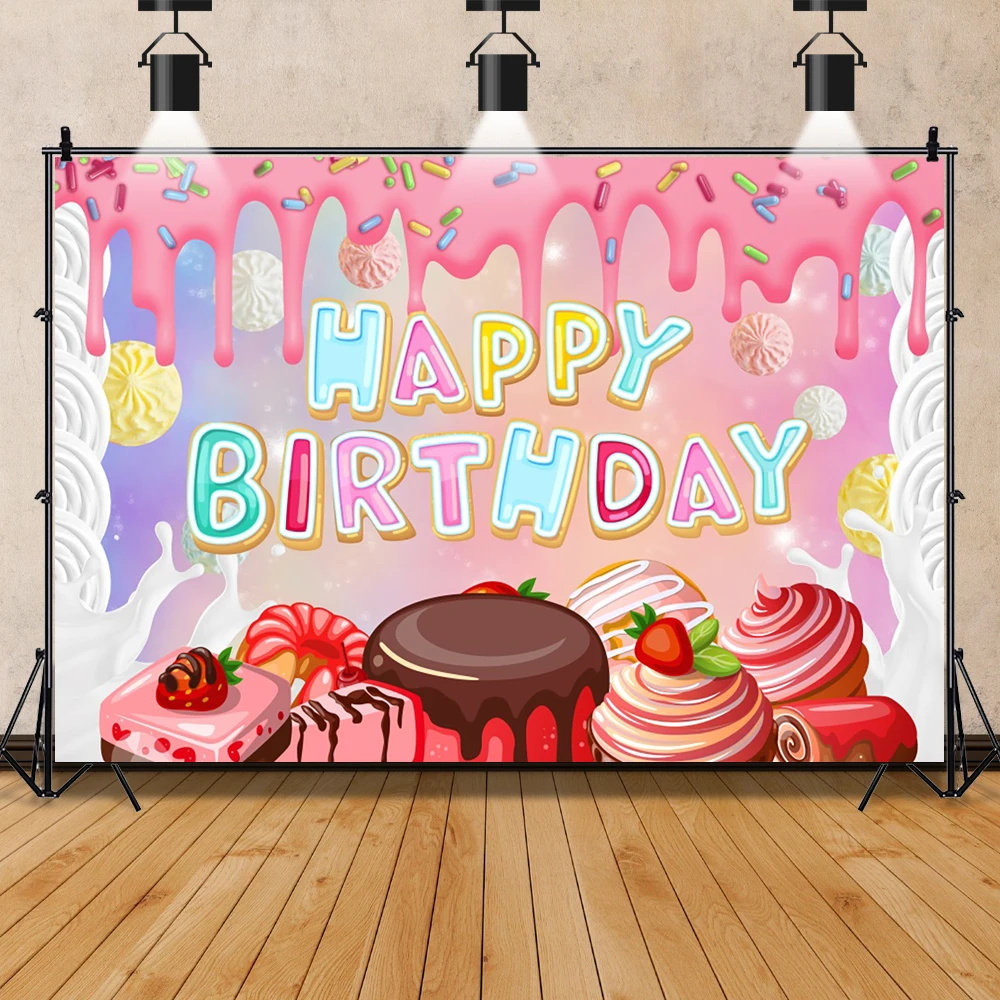 Custom Cartoon Pink Donut Strawberry Cake Dessert Baby Gril Birthday  Poster Banner Photography Backdrop Photo Studio Decor Prop