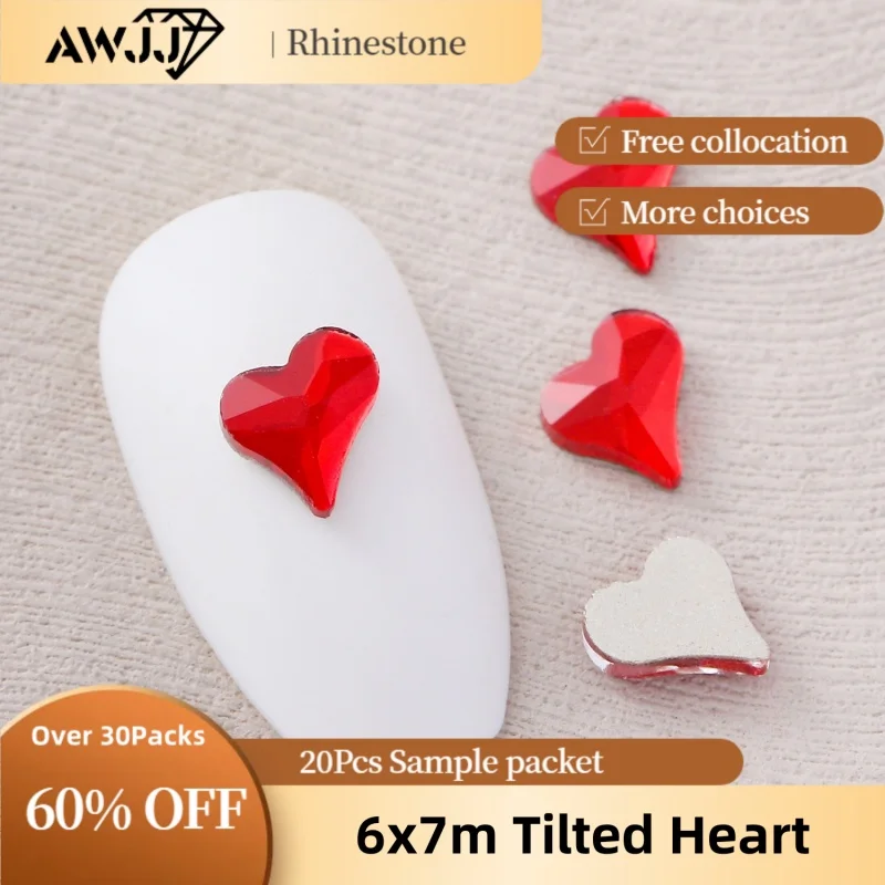 20pcs/pack 6x7mm Tilted Heart-Shaped Nail Drill Gems Designs Precision Cutting Flat bottom Self-Adhesive Nail Art Rhinestone