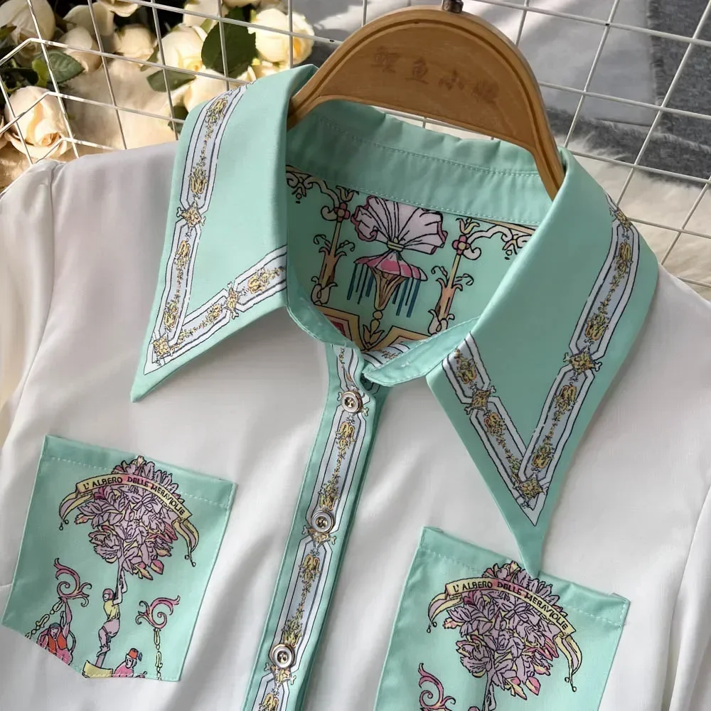 Kemeja sifon Motif bunga wanita, Set dua potong manis, leher turun lengan panjang, kemeja sifon Vintage tidak beraturan, setelan rok Mini