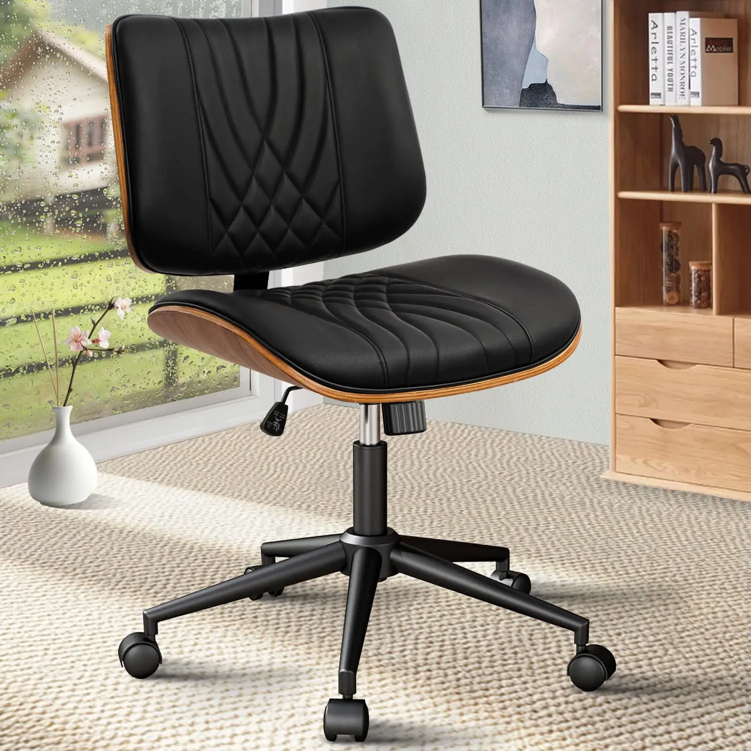 

Armless Home Office Chair, Desk Chair with Wheels, Adjustable Height Reading Chair, Leather Mid Back & Swivel Computer Chair