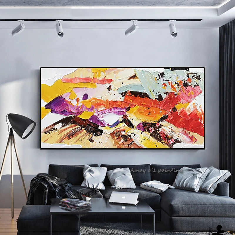 100% Hand-painted Warm Tone Abstract Room Decor Palette Knife Oil Paintings on Canvas Horizontal Color Block Sofa Wall Decor