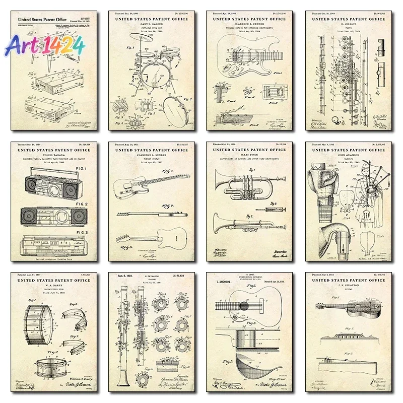 Patent Vintage Musical Instrument Acoustic Guitar Collapsible Drum Poster Wall Art Pictures Canvas Painting Room Home Decor Gift