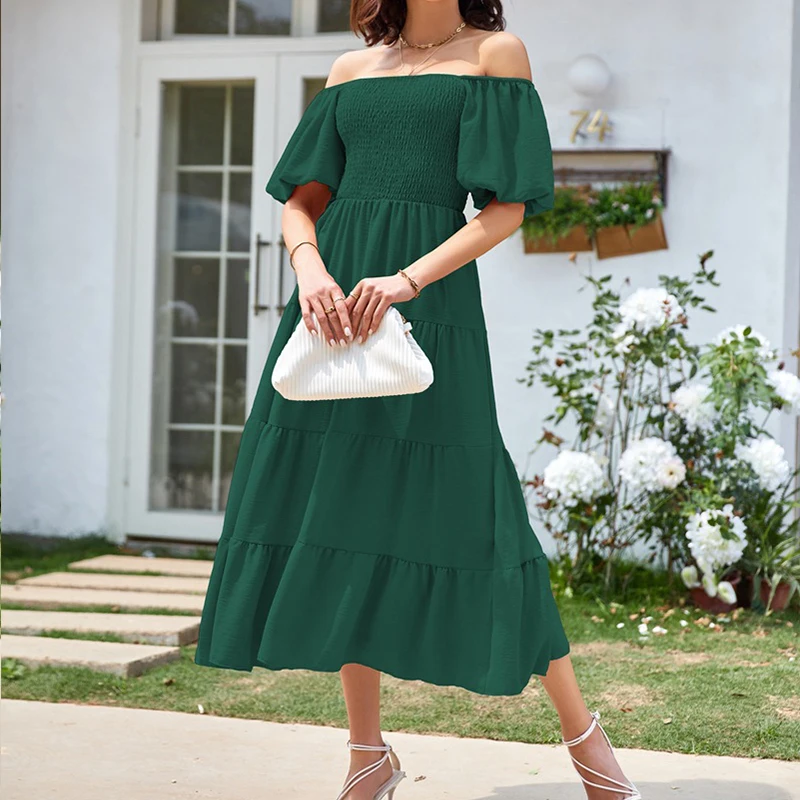 الصلبة المرأة الصيف فستان ماكسي الشارع الشهير ساحة الرقبة عارية الذراعين نفخة الأكمام فستان الشاطئ مطوي قصيرة الأكمام فساتين طويلة