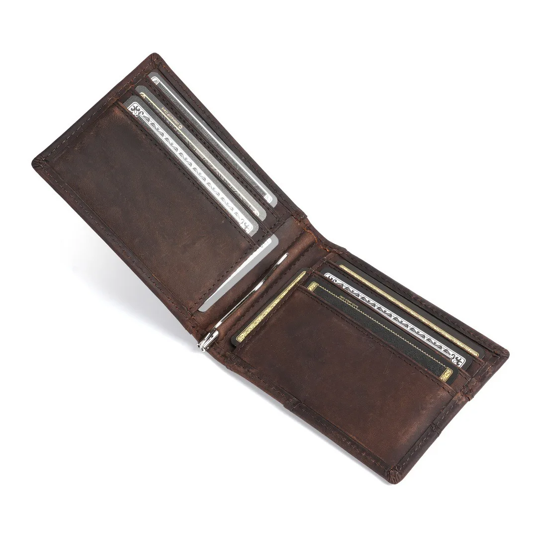 

Классический кожаный мужской двойной кошелек - блокировка RFID, защита от кражи, несколько портативных слотов для карт в крестообразном стиле | Ретро-кошелек с зажимом для денег