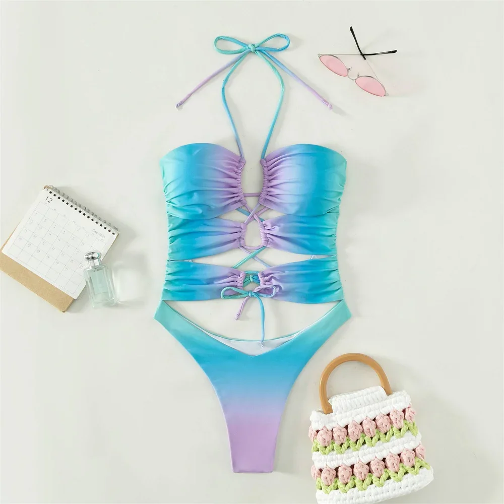 Sexy Extreme String Monokini Cut Out Cross Bandage Backless Swimsuit Gradient Bikini Women Vacation Swimwear Y2K Beach Bath Suit