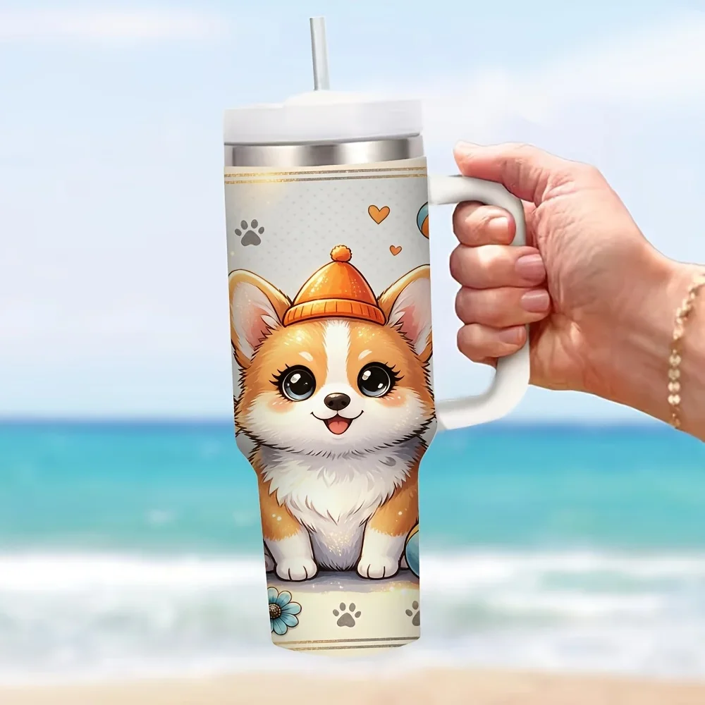 40Oz Insulated Tumbler with Handle, Cute Cartoon Corgi Print, Suitable for Dog Lovers, Fits Hot And Cold Drinks, Keeps Temperature, Ideal for Daily Use And Outdoor Outings