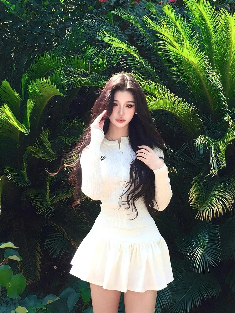 

Syj ujia Spicy Girl Slim Fit Knitted Open Cardigan High Waist Puffy Skirt Set Korean Sle Commute Faion plus Size