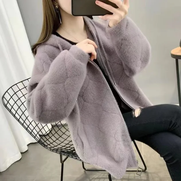 Manteau en fourrure de vison minimaliste urbain pour femme, cardigan à fermeture éclair, pull avec devant ouvert, col rond, haut à manches longues