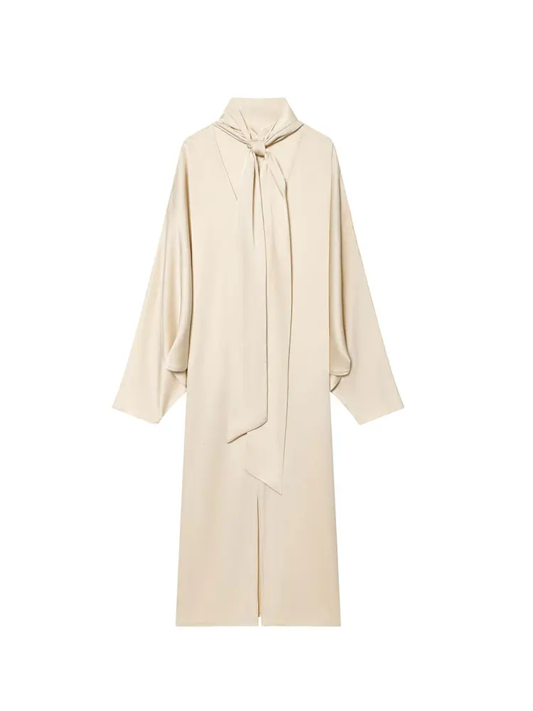 TFAFXY 2026 Vrouwen Mode Satijnen V-hals Jurk Lange Jurken Met Sjaal Chic Elegante Jurken Vrouwen Lange Mouw Casual Jurk - afbeelding 2