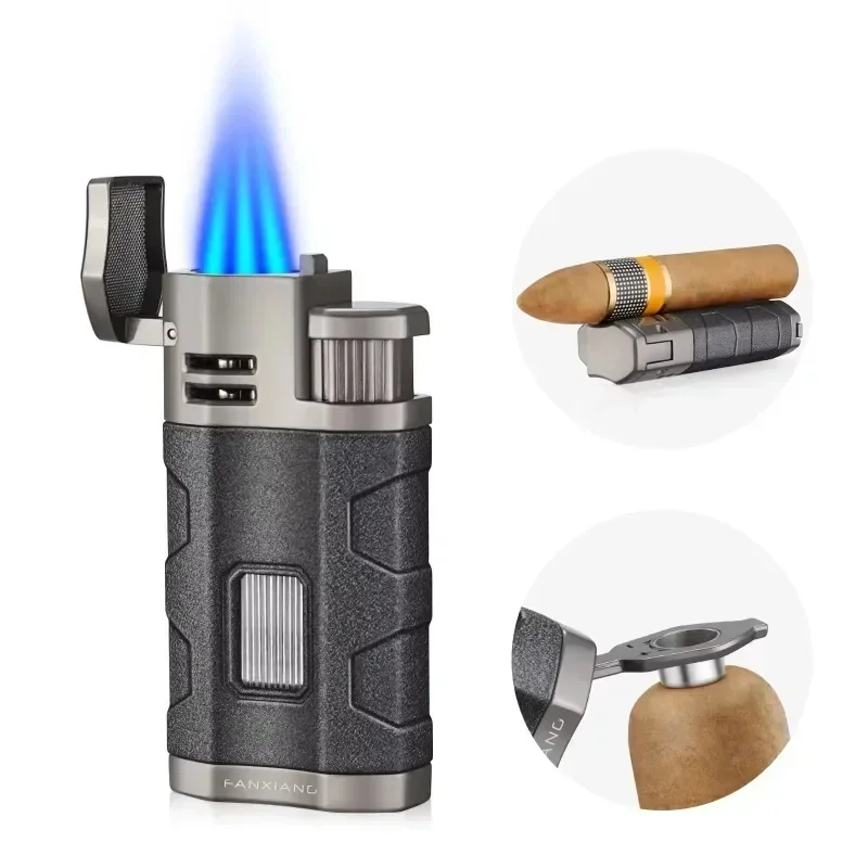 

Fanxiang Windproof Gas Windows Metal 3 Jet Torch Lighter Blue Flame Lanyard Portable Cigar Lighter Punch Smoking Accessories