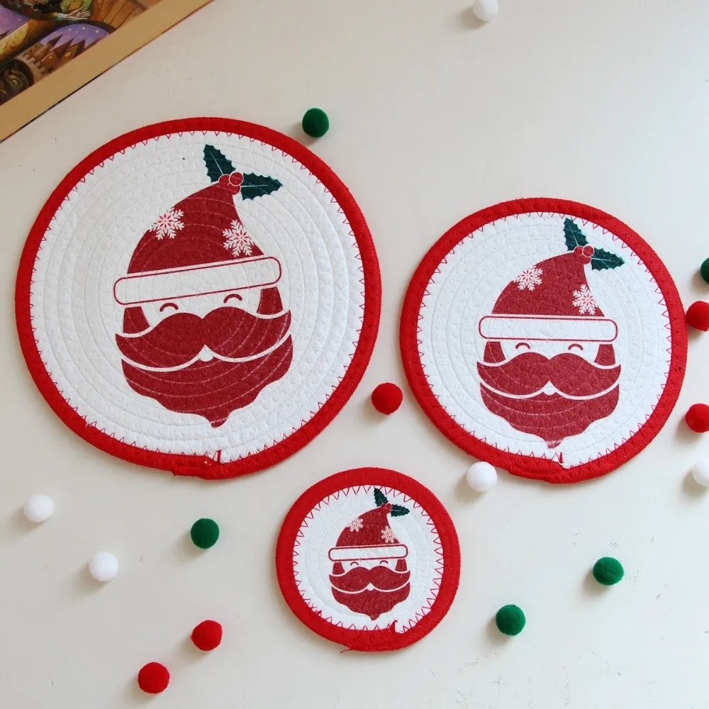 Snowman Trivet Christmas Cup Mat Heat Resistant Handmade Pot Table Mat Round Woven Cotton Rope Christmas Coaster Holiday
