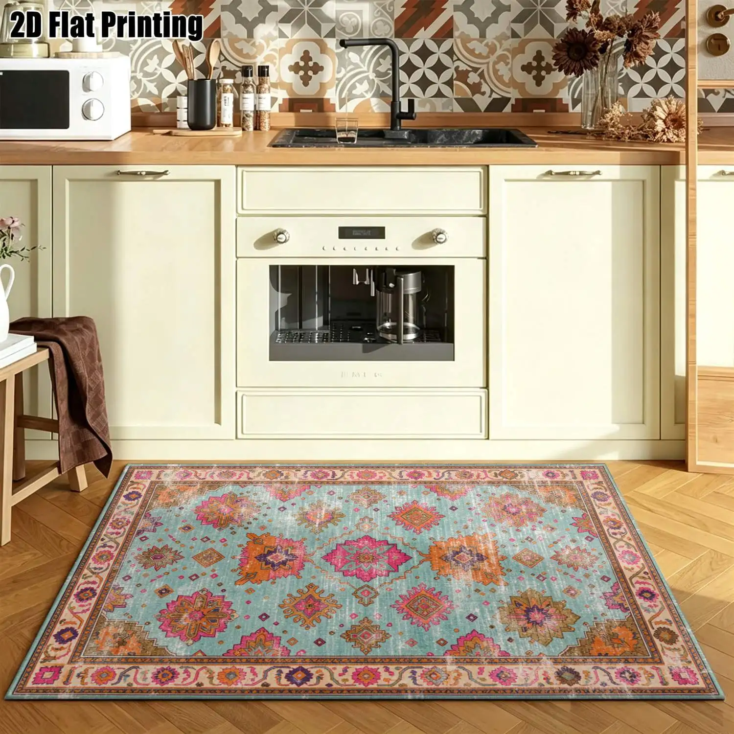 1Pc 2D Printed Carpet: Blue Background, Pink-Orange Floral, European/Retro/Bohemian/Geometric Striped Style For Home Decor, Available in Multiple Sizes, Machine Washable, Suitable for Entryway, Living Room, Dining Room, Bedroom, Foyer.