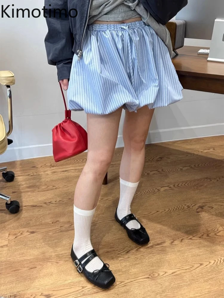 

Kimotimo Korean Chic Blue Striped Flower Bud Shorts Women Summer Simple Versatile Lace Up High Waist Wide Leg Casual Short Pants