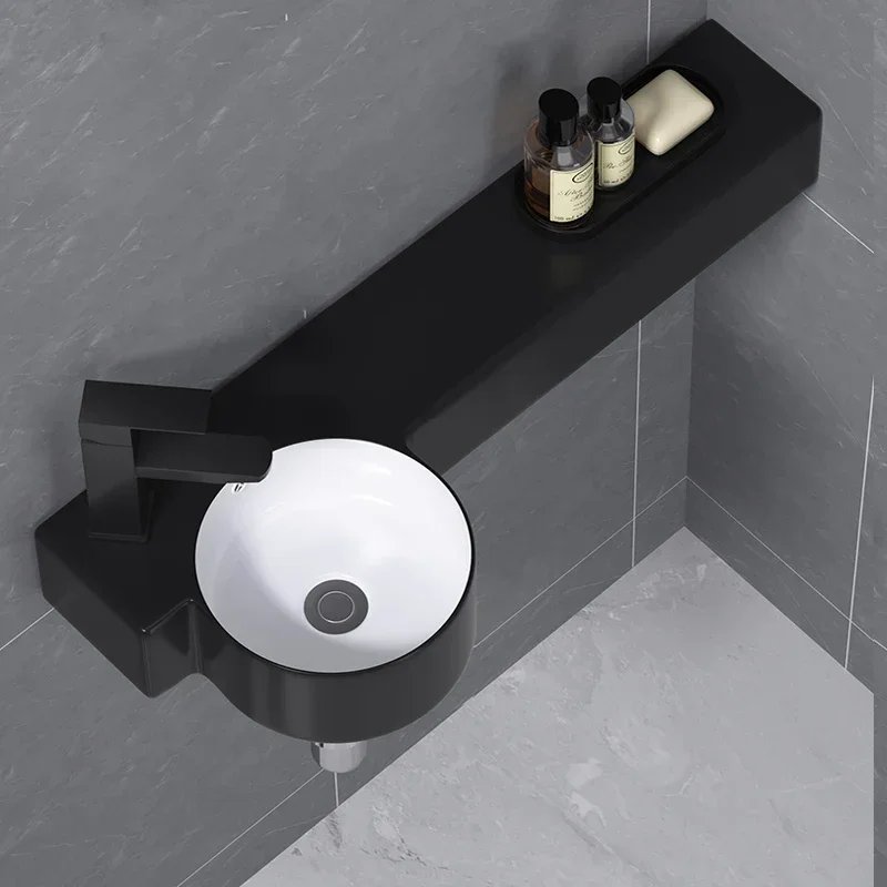 Small apartment mini wall-mounted ceramic washbasin ultra-narrow and long simple basin bathroom black washbasin